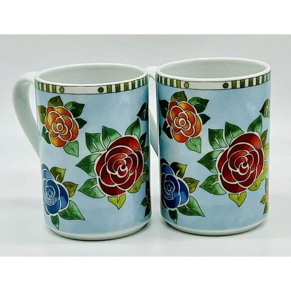 Dansk Danika Rose Coffee Mug Orange Blue Red Roses 4 inch 10 ounce 2015 Lot of 2 - Picture 1 of 11